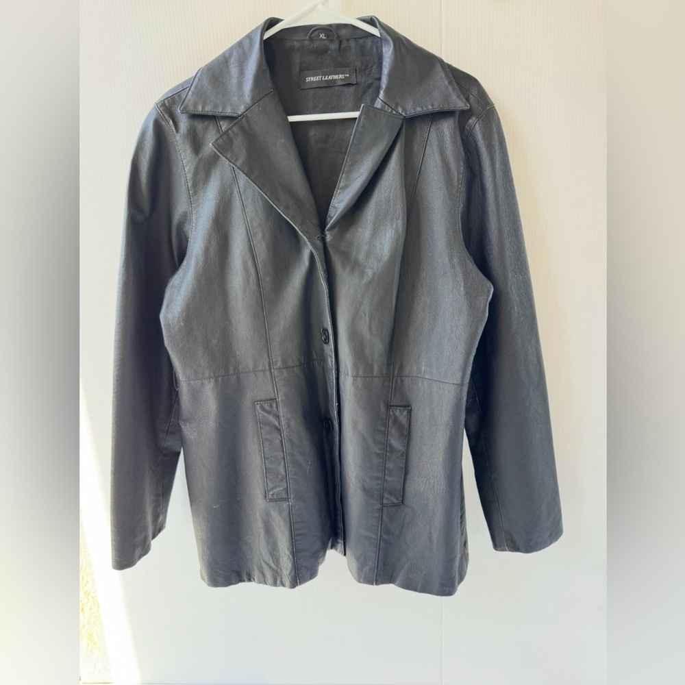VTG Street Leathers Black Genuine Leather Blazer Jacket Women Sz XL 3 Button